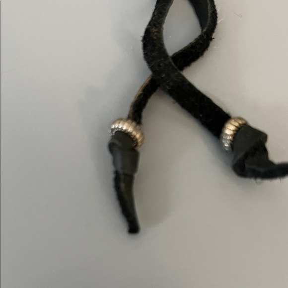 Vintage Hand Crafted Tan Stone Necklace Black Leather Cord Silver Adornments - Picture 4 of 5